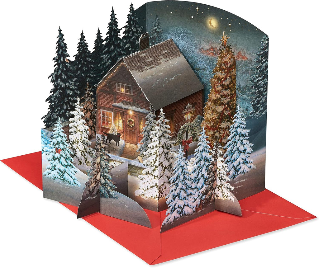 American Greetings 3D Holiday Card - Magic Moments Rustic Cottage in Winter Pine Forest