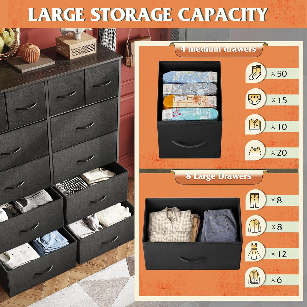 WLIVE Tall Dresser - 12 Drawer Fabric Storage Solution for Bedroom & Living Room - Charcoal Black