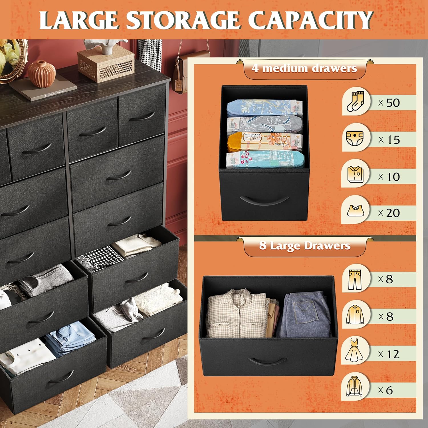 WLIVE Tall Dresser - 12 Drawer Fabric Storage Solution for Bedroom & Living Room - Charcoal Black