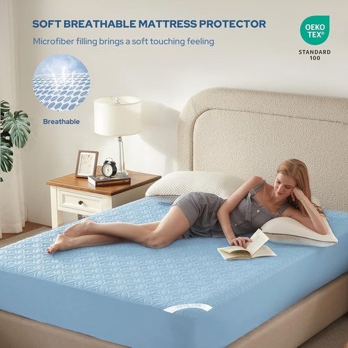 BEDLORE Waterproof Mattress Protector - Soft Queen Size Pad with Deep Pocket (6"-18" Depth) - Sky Blue