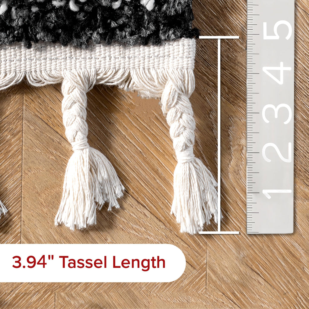 nuLOOM Bria Moroccan Shag Tasseled Area Rug - 4x6 Shag Area Rug Modern/Contemporary Black/Ivory Rugs for Living Room Bedroom Dining Room Nursery
