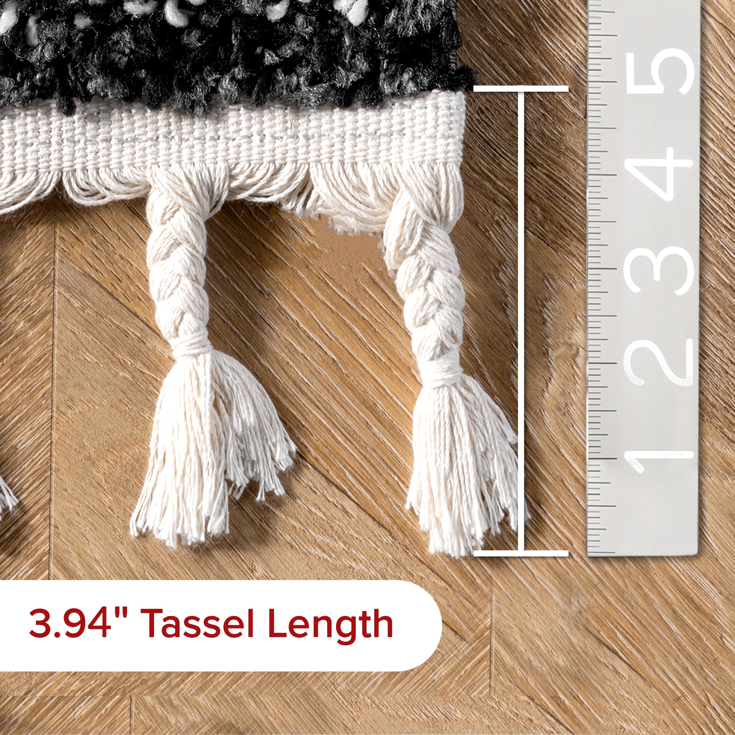 nuLOOM Bria Moroccan Shag Tasseled Area Rug - 4x6 Shag Area Rug Modern/Contemporary Black/Ivory Rugs for Living Room Bedroom Dining Room Nursery