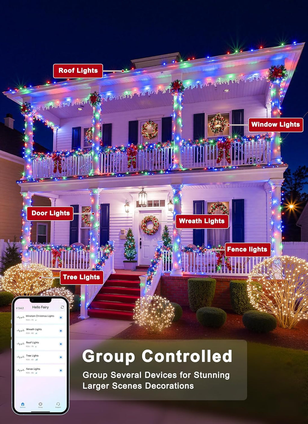 Minetom LED RGB String Lights - 82ft 250 LED Color Changing Fairy Lights with Remote & App Control