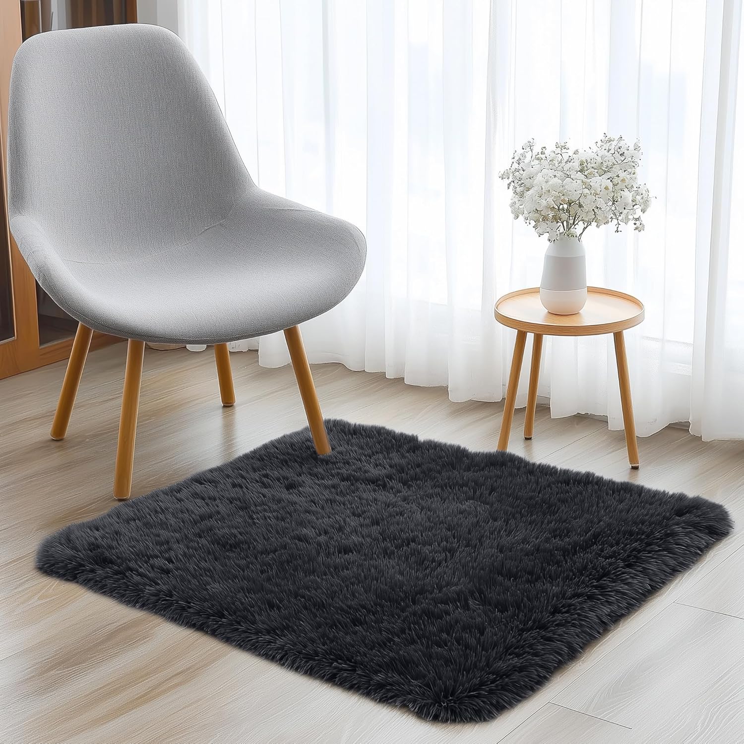 OLANLY Soft Fluffy Shaggy Bedside Rug - Machine Washable 2x3 for Bedroom & Nursery | Black Indoor Carpet