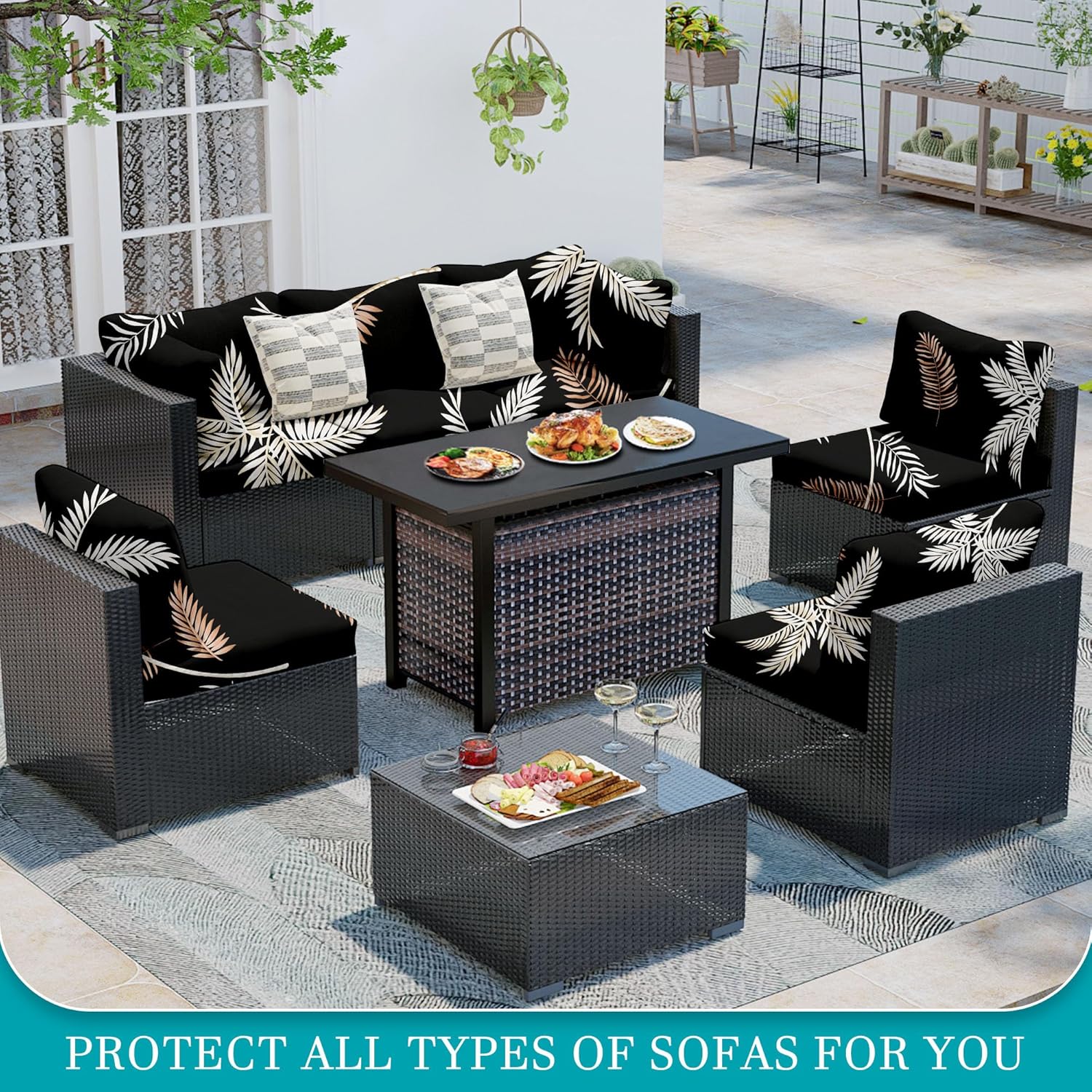 Skiennix 14-Piece Stretch Patio Cushion Covers - Washable Outdoor Sofa Slipcovers | Coconut Trees Design