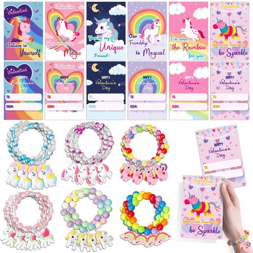 kortes Unicorn Valentines Day Cards for Kids Classroom, 24 Pack Valentines Gift Cards with Bead Bracelets, Valentine's Party Favors Toys for Girls and Valentine School Exchange Gifts Greeting Cards