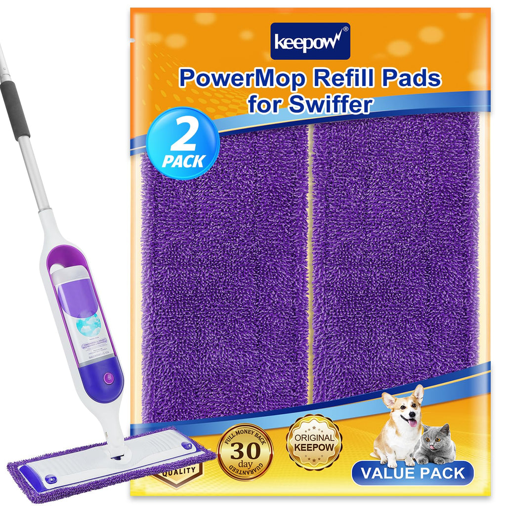 KEEPOW Reusable Pads for Swiffer Power Mop, Refill Pads for Swiffer Power Mop Wood Floor Cleaning, Microfiber Mop Pads for Hardwood Floors (2 Pack)