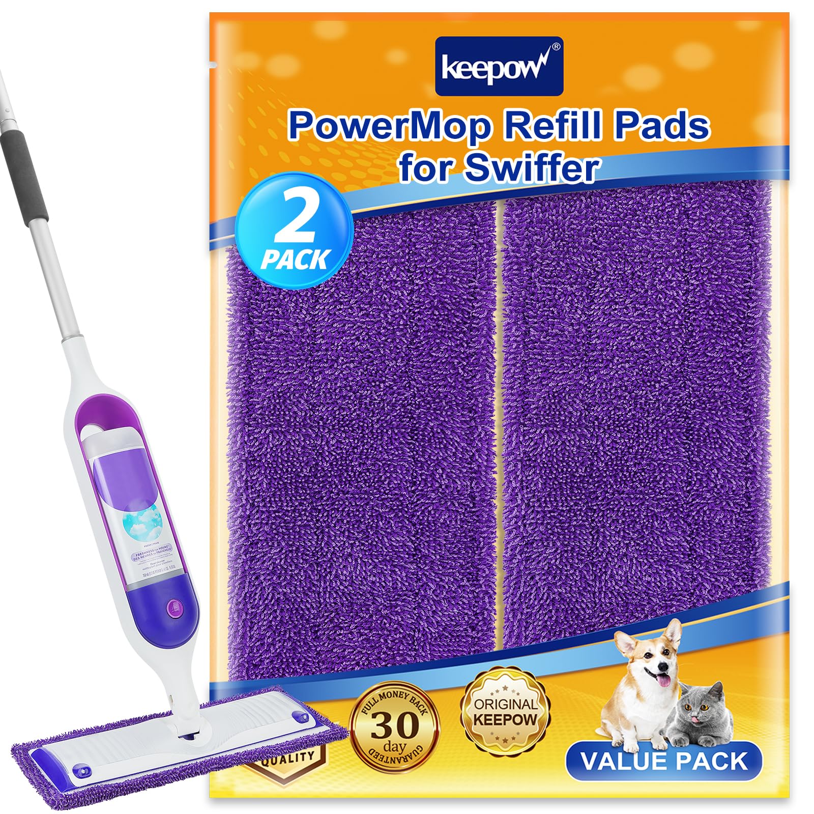 KEEPOW Reusable Pads for Swiffer Power Mop, Refill Pads for Swiffer Power Mop Wood Floor Cleaning, Microfiber Mop Pads for Hardwood Floors (2 Pack)