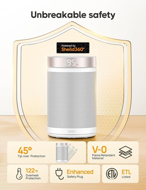 DREO Portable Electric Space Heater - 1500W PTC Ceramic with Thermostat, Remote & Digital Display | 12H Timer