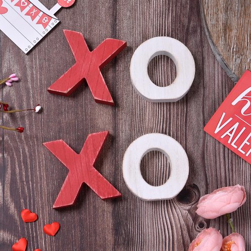Valentine’s Day XOXO Wooden Table Decor Set, Rustic Valentine’s Day Home Decorations, Freestanding XOXO Sign for Tiered Tray, Mantel, Shelf, Table, Farmhouse Valentines Decor (red white)