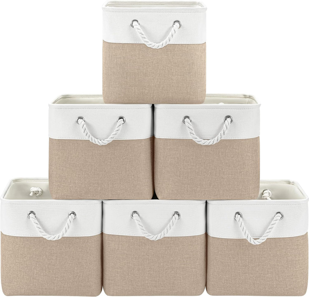 Patvingot 11-Inch Fabric Storage Bins - 6-Pack Organizer Cubes with Rope Handles for Home & Closet | White/Khaki