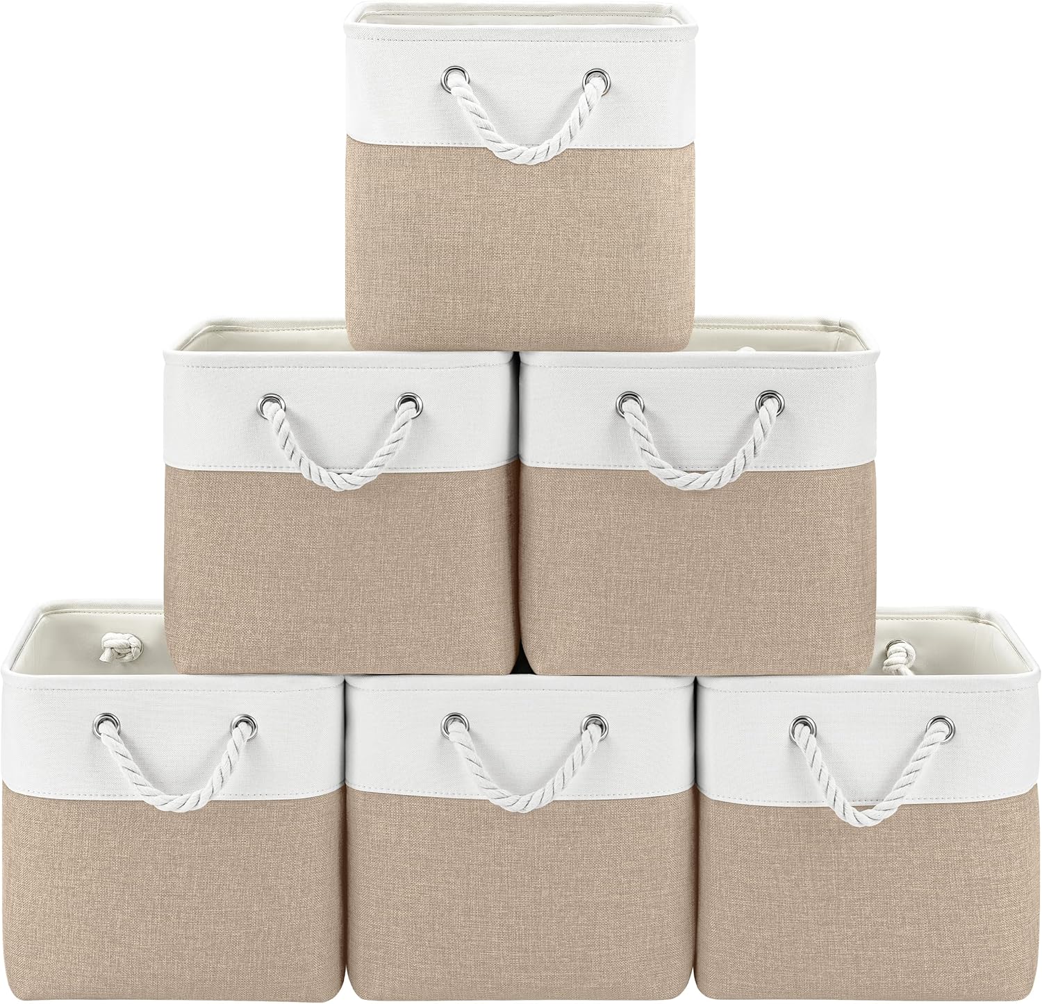 Patvingot 11-Inch Fabric Storage Bins - 6-Pack Organizer Cubes with Rope Handles for Home & Closet | White/Khaki