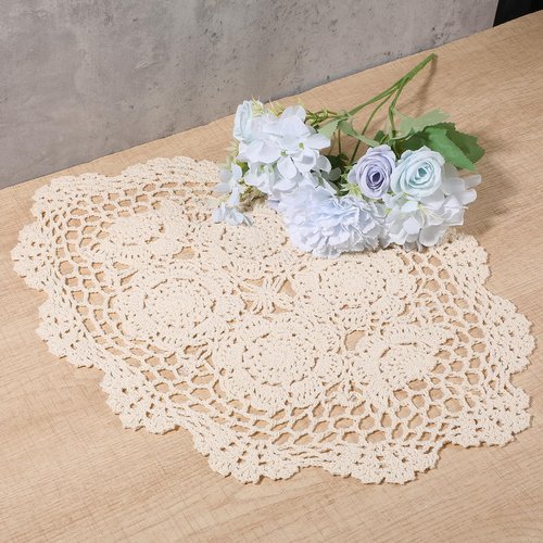 2PCS Crochet Lace Doilies for Tables, Cotton Handmade Oval Placemats, Beige Floral Lace Doilies for Furniture, End Tables, Bedrooms, Dining Room(11.81×17.72in)