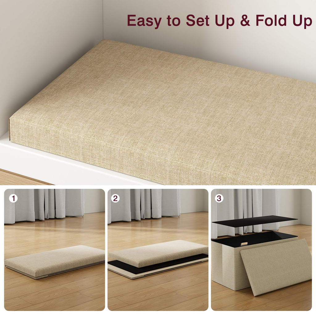 VECELO 30'' Folding Storage Ottoman Bench, End of Bed Linen Fabric Foot Rest Stool with Padded Seat, Large Footstools for Bedroom, Living Room, Load 500 lb, Khaki