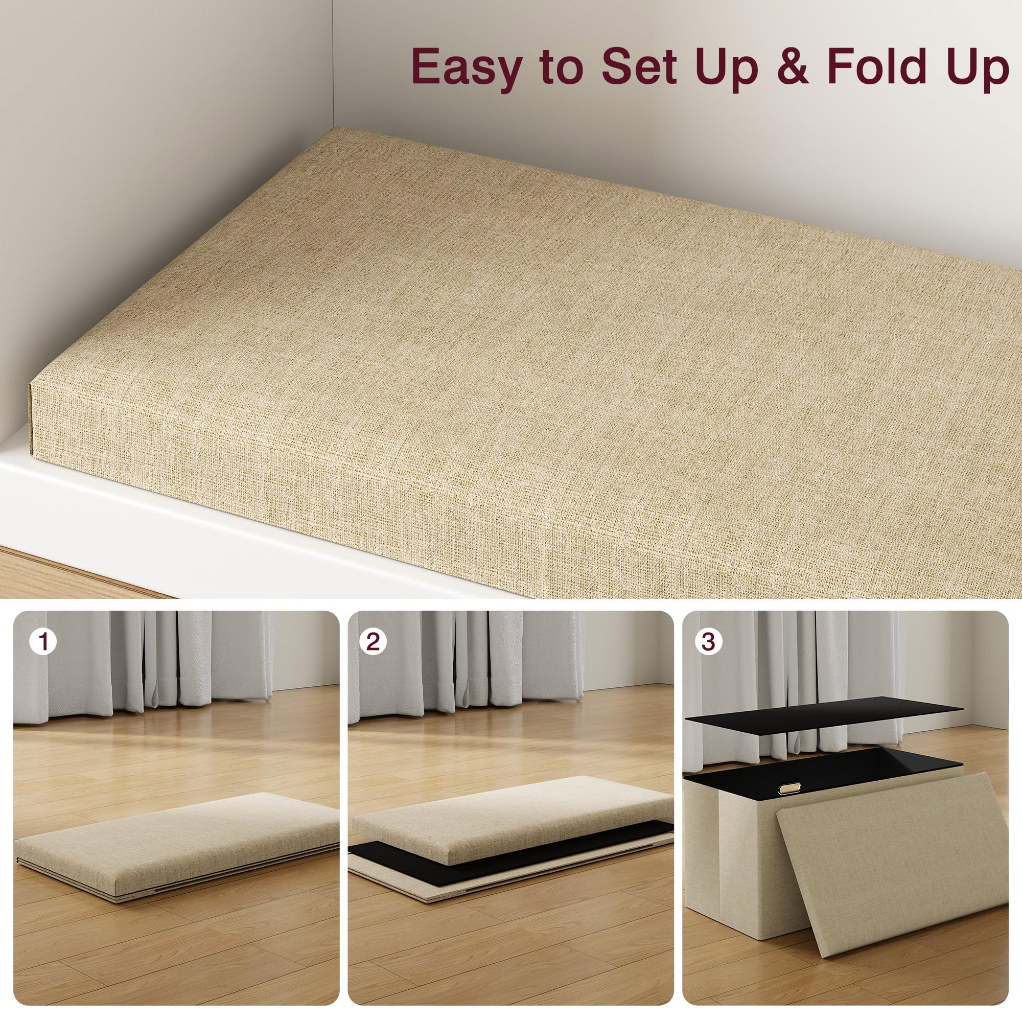 VECELO 30'' Folding Storage Ottoman Bench, End of Bed Linen Fabric Foot Rest Stool with Padded Seat, Large Footstools for Bedroom, Living Room, Load 500 lb, Khaki