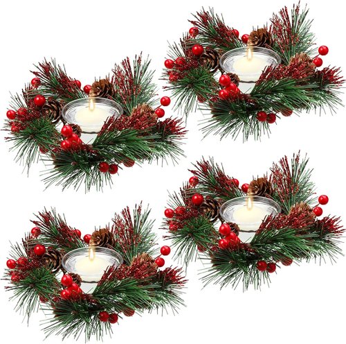 Dingion Christmas Candle Rings Set - 8 Pieces with Berry and Pinecone Holders for Votive Tapers