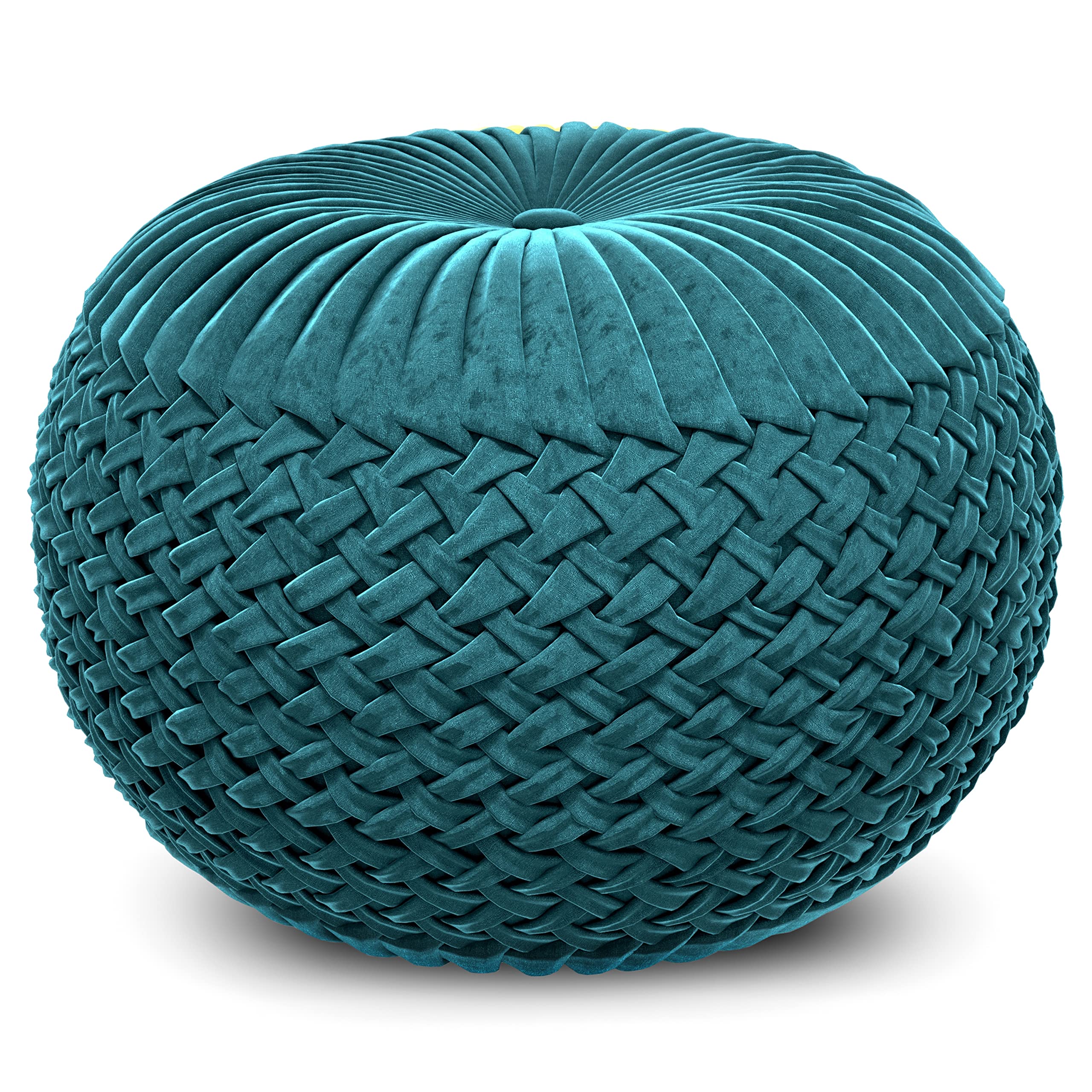 SIMPLIHOME Grafton Round Pouf - 20 inch Wide Upholstered Velvet Ottoman in Teal, Transitional Button-Tufted Footstool or Extra Seating for Living Room or Bedroom with Polystyrene Filling, Assembled