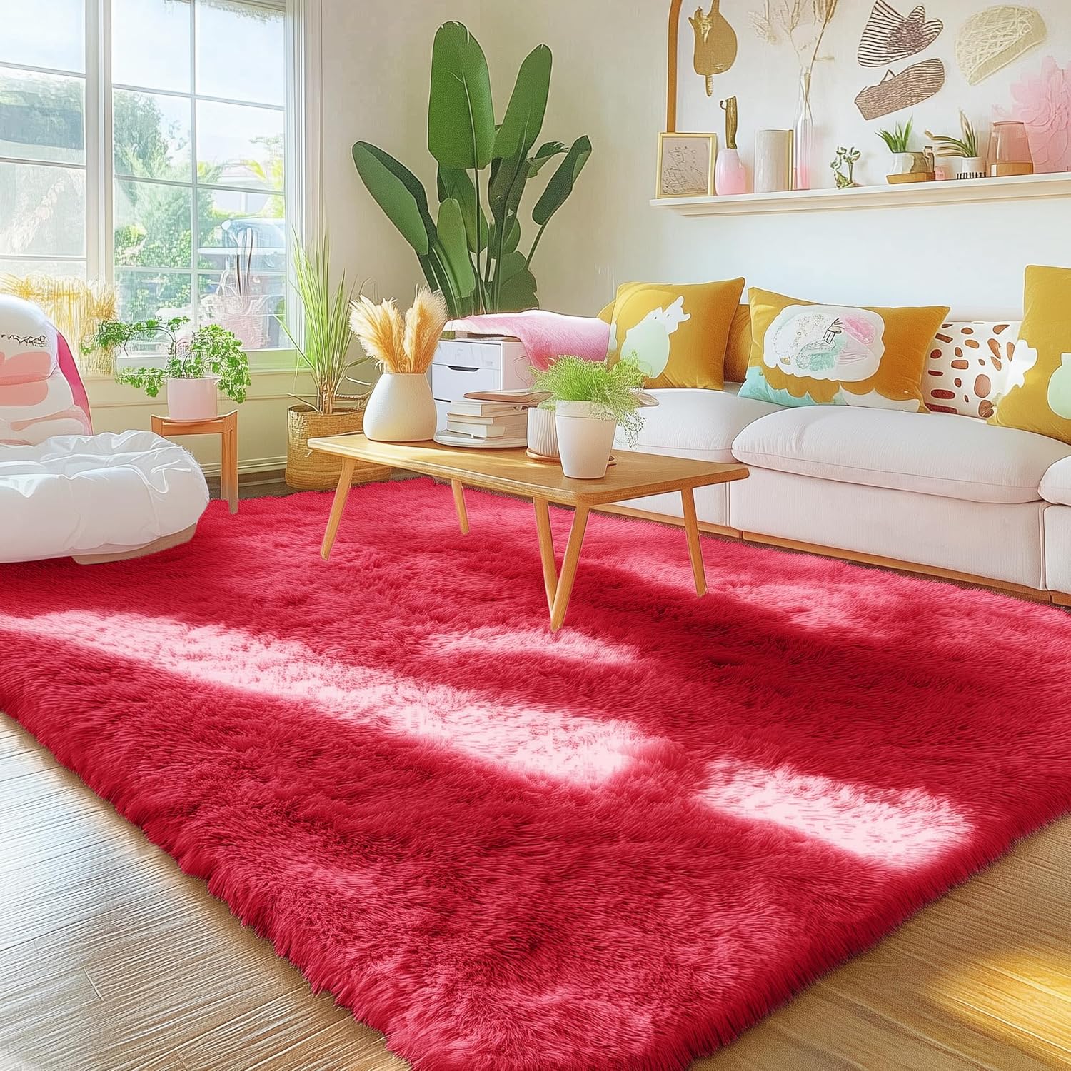 OLANLY Area Rugs - Soft Fluffy Shaggy Carpet for Living Room & Bedroom | Machine Washable 4x5.9 ft, Red