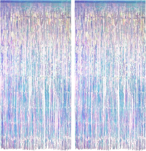 GREATRIL Iridescent Party Streamers Backdrop - Neon Holographic Tinsel Foil Curtain | 3.2ft x 6.5ft, 2 PCS