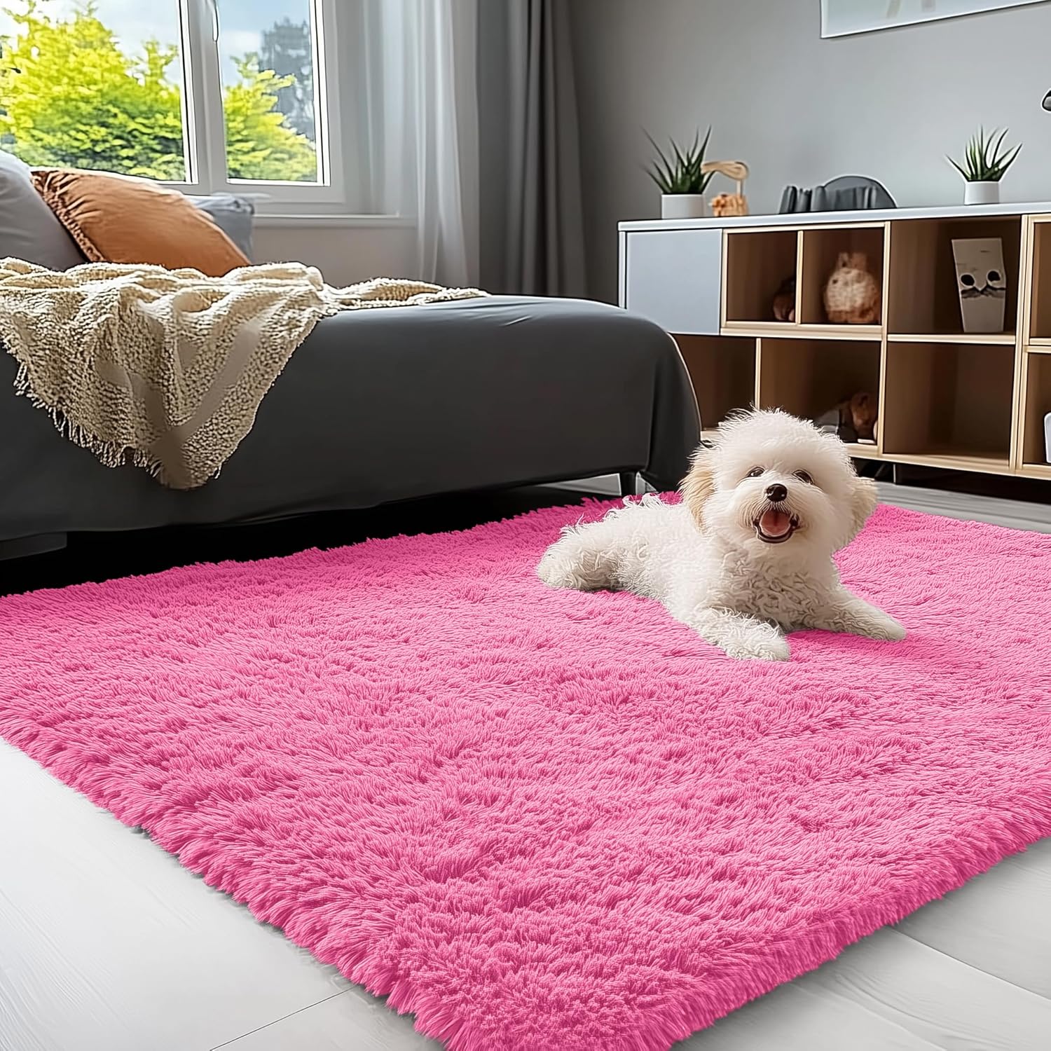 OLANLY Soft Fluffy Shaggy Bedside Rug - Machine Washable 3x5 for Kids & Nursery | Hot Pink Home Decor