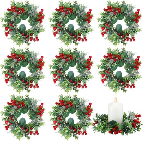 Daifunli Mini Wreaths - 8 Inch Christmas Candle Rings with Artificial Red Berries & Eucalyptus | Perfect for Home Decor