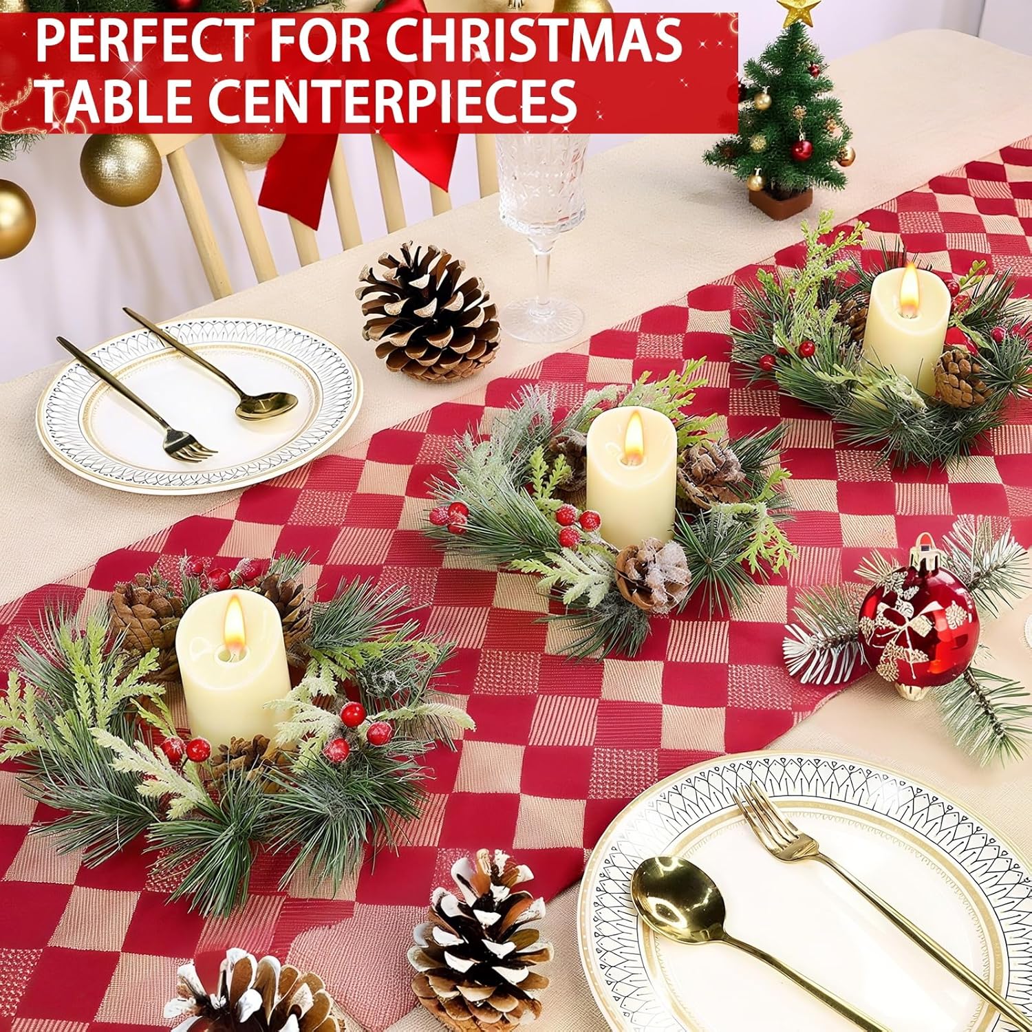 Skiennix 6 Pcs Mini Christmas Wreaths - 9 Inch Snowy Pinecone & Red Berry Candle Rings for Festive Decor