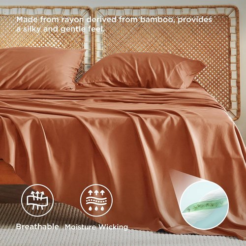 Bedsure King Size Sheets Set - Cooling Rayon Bamboo Sheets for Hot Sleepers | Soft & Breathable, Deep Pocket Up to 16 Inches, Burnt Orange