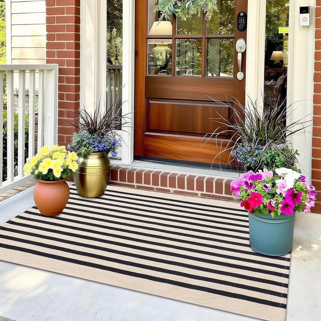 OLANLY Striped Rug - Washable Beige and Black Cotton Doormat | 2'4" x 3'7" for Indoor/Outdoor Use