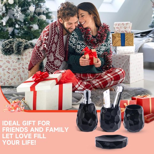 Ceramic Bathroom Accessories Set 4 PCS,Bathroom Toothbrush Holder Set,Soap and Toothbrush Holder Set,Include Toothbrush Holder,Soap Dispenser,Soap Dish,Tumbler,Bathroom Sets Decor Organizer (Black)