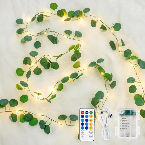 Eucalyptus Garland with 40 LED Fairy Lights - Lighted Greenery Vine with Remote & Timer, Dual Power (USB/Battery) | Cozy Home & Wedding Decor