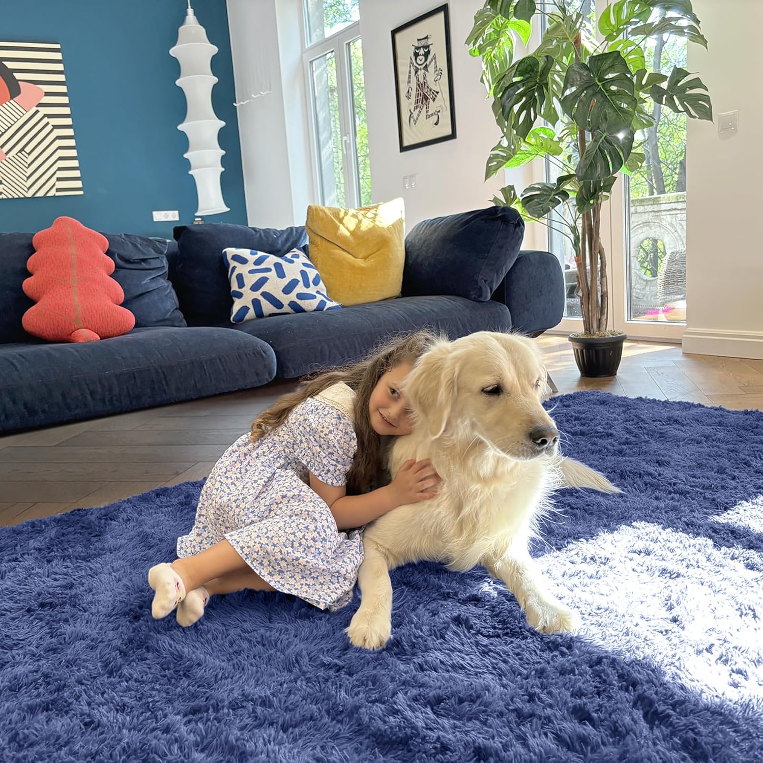OLANLY Large Area Rug - Soft Fluffy Shaggy Carpet for Living Room & Bedroom | Denim Blue 9x12