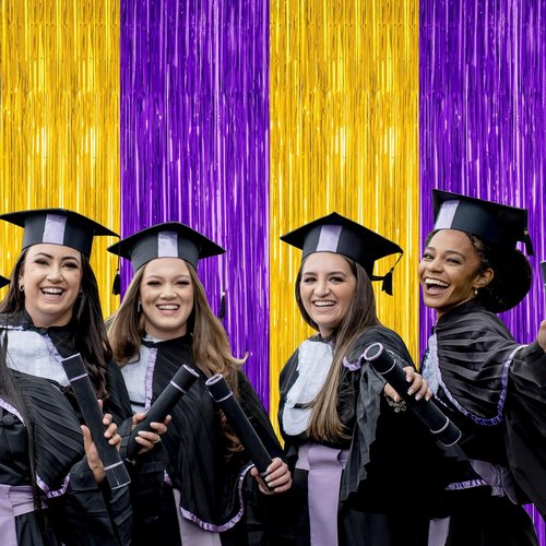 Graduation Backdrop - 2 Pack Metallic Purple & Gold Foil Fringe Curtains | 3.28 FT x 7.05 FT Class of 2026 Decor