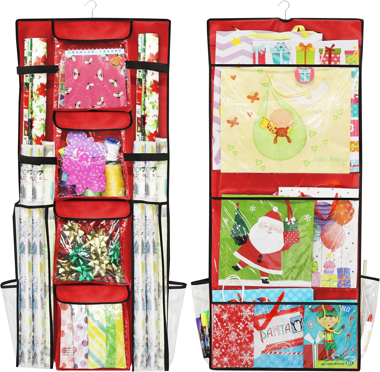 Simple Houseware Gift Wrap Organizer - Double-Sided Storage Pockets in Red | Set of 1