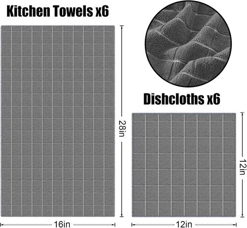 Homaxy Microfiber Kitchen Towels Set - 12 Pack Soft & Absorbent Dishcloths | Quick Drying Rags in Grey, 28 x 16 Inch & 12 x 12 Inch