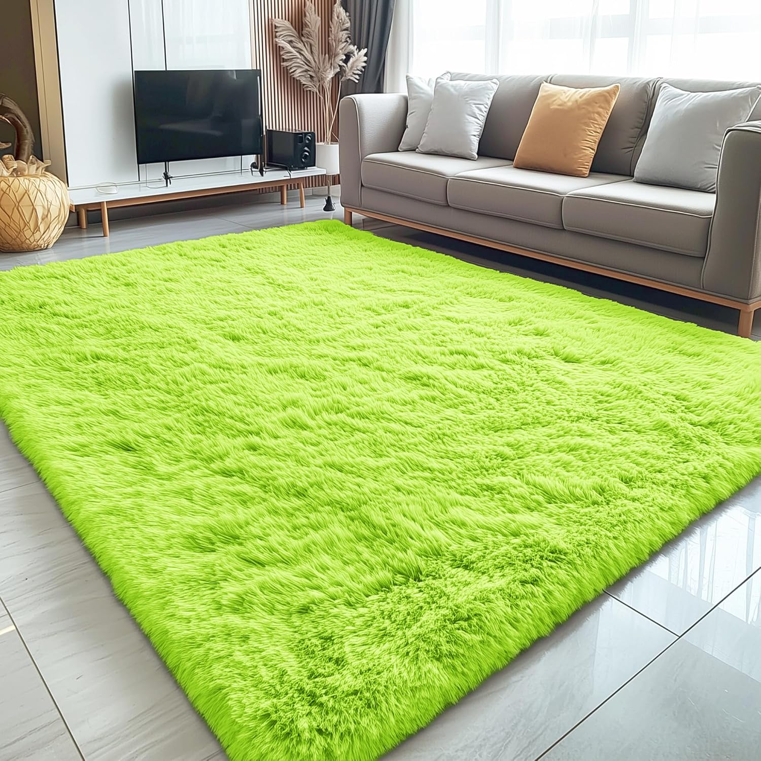 OLANLY Large 5x8 Machine Washable Area Rug - Soft Fluffy Shaggy Indoor Carpet for Living Room & Bedroom | Lime Green