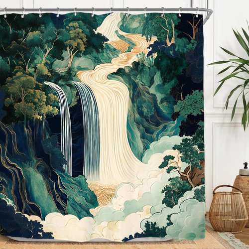 Miyotaa Abstract Waterfall Forest Shower Curtain Set 60Wx71H Inches Emerald Green Japanese Hokusai Aesthetic Landscape Forest Tree Polyester Waterproof Cloth Bathroom Curtain with 12 Hooks