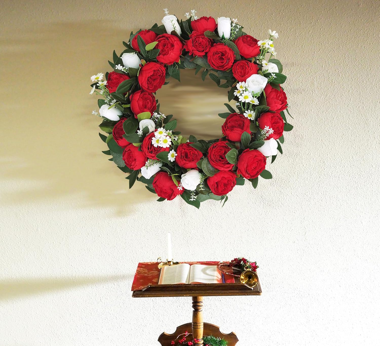 Memorial Day Cemetery Wreaths - Red Peony & White Rose Artificial Flower Arrangement on Metal Stand