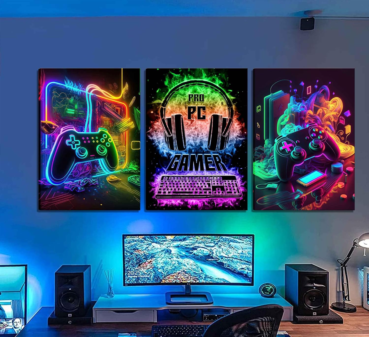 PPV Gaming Wall Art - Retro Video Game Canvas Prints | Colorful Neon Gamepad Posters for Boys' Room 12x16in