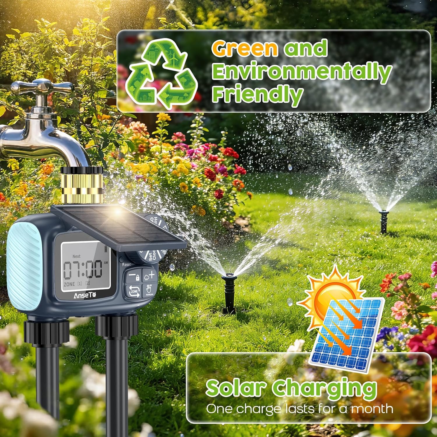 Skiennix Solar Sprinkler Timer - Programmable Brass Inlet Hose Timer for Efficient Garden Watering | 2 Outlets