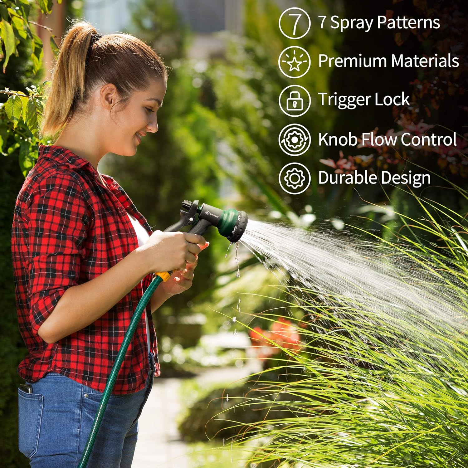 AUTOMAN Garden Hose Nozzle - ABS Water Spray with 7 Adjustable Patterns | Slip Resistant for Plants & Pets
