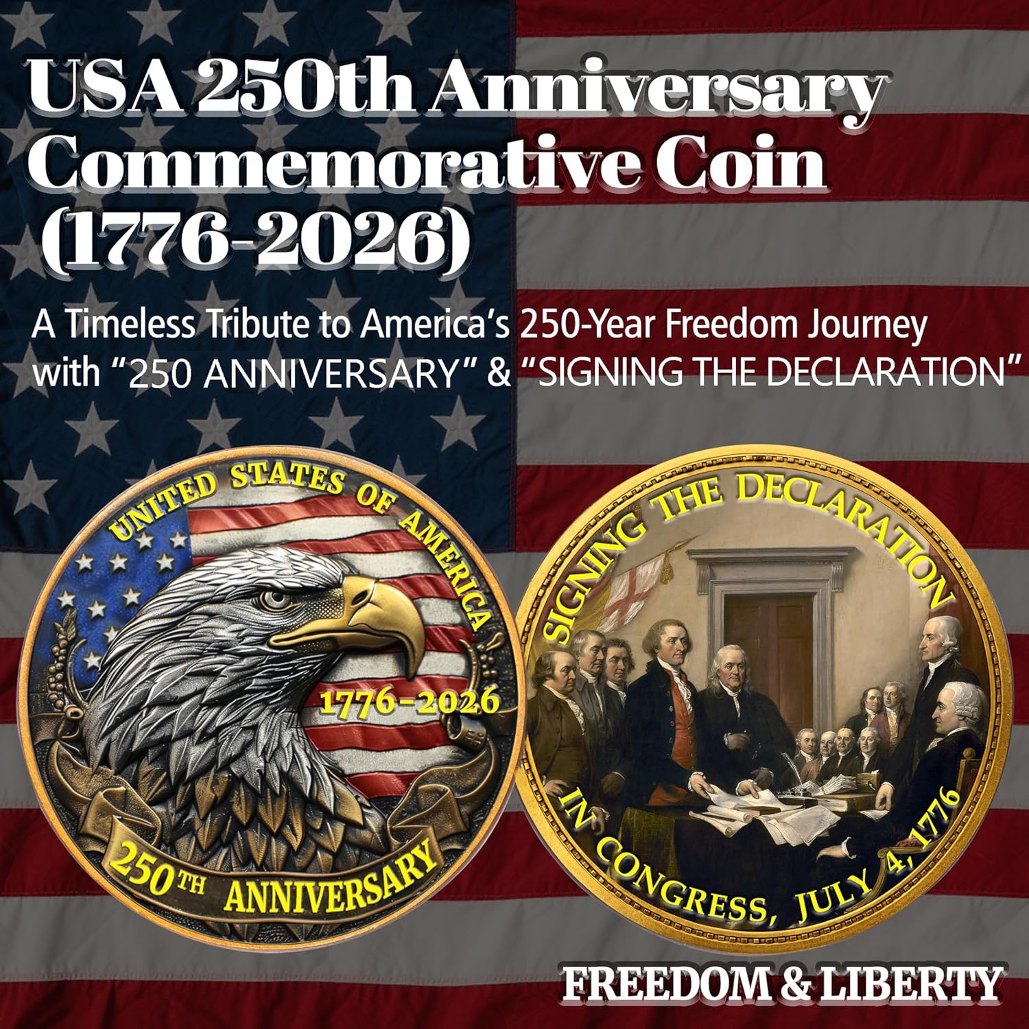 USA 250th Anniversary Commemorative Coin - American Eagle & Patriotic Symbols | Perfect Gift for Celebration (1776-2026)
