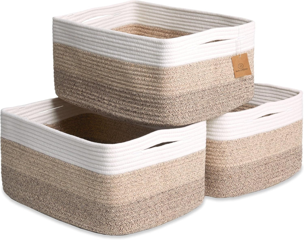 NaturalCozy Storage Baskets - 3-Pack Cotton Rope Woven Bins for Organizing | 16.8”x13”x7.6” Size