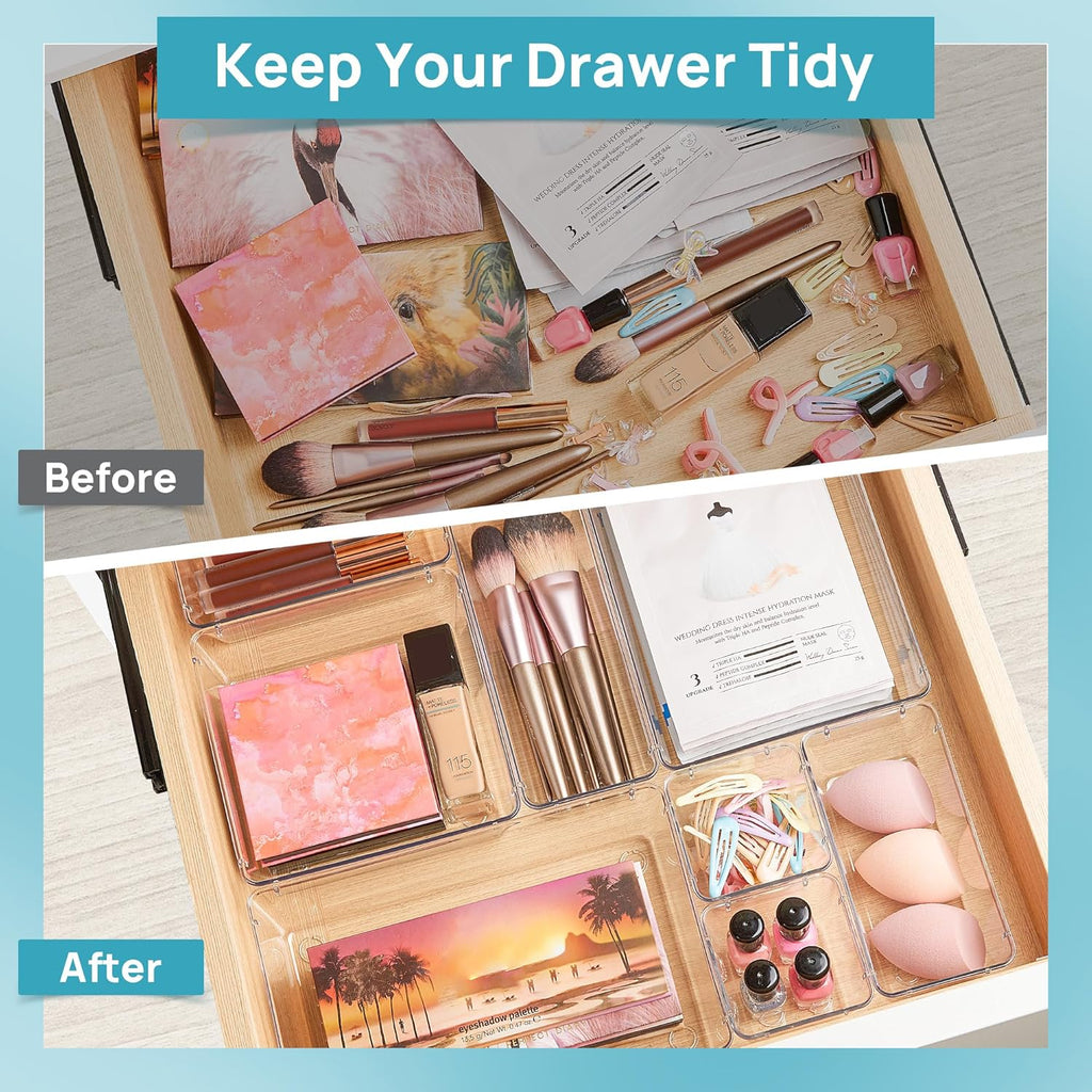 Vtopmart 25 PCS Clear Plastic Drawer Organizers - Versatile Storage Bins for Makeup, Bathroom & Kitchen