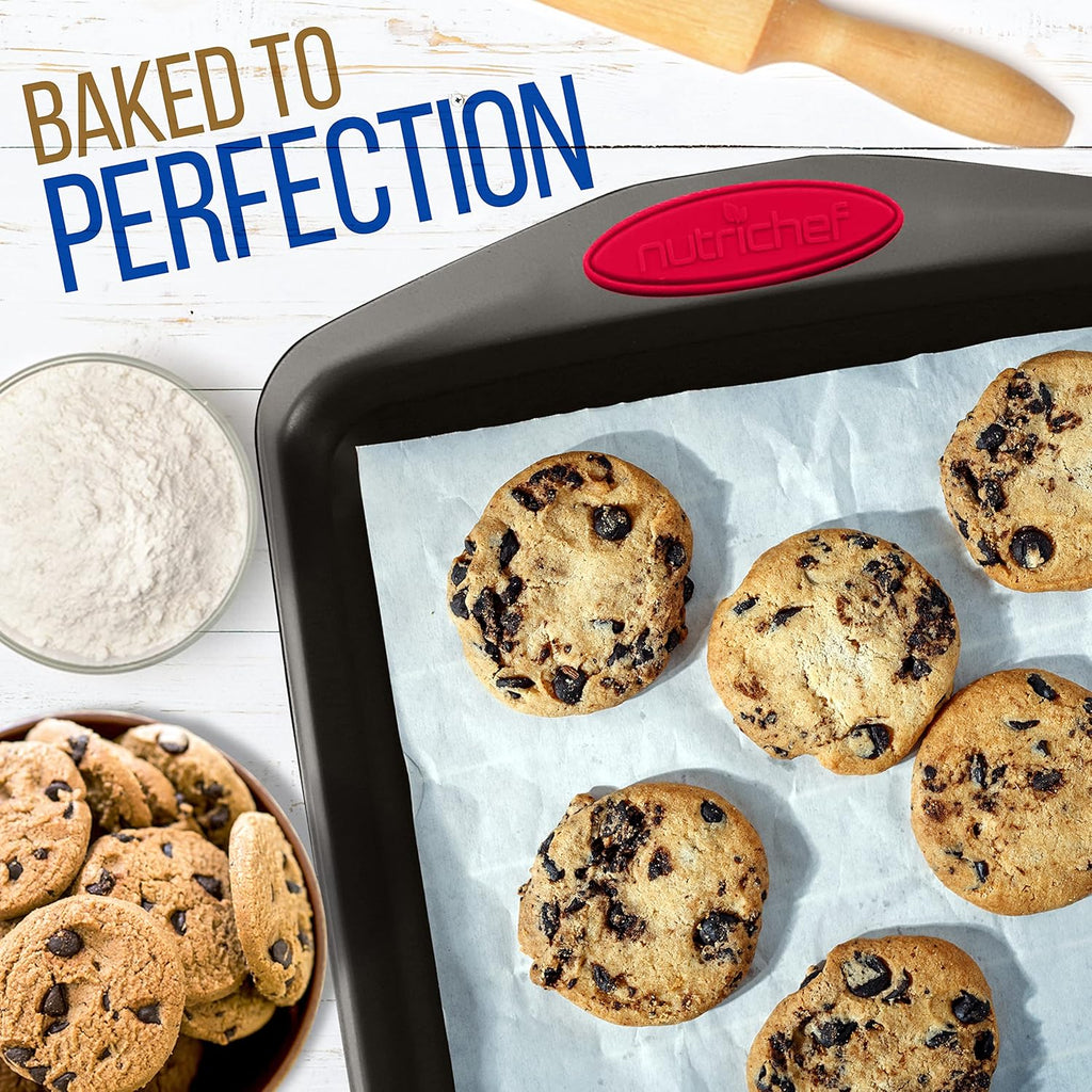 NutriChef 6-Piece Baking Pan Set - Nonstick Carbon Steel Bakeware with Red Silicone Handles | Includes Cookie Sheets, Roaster Pan, Loaf Pan & Muffin Pan (Black)