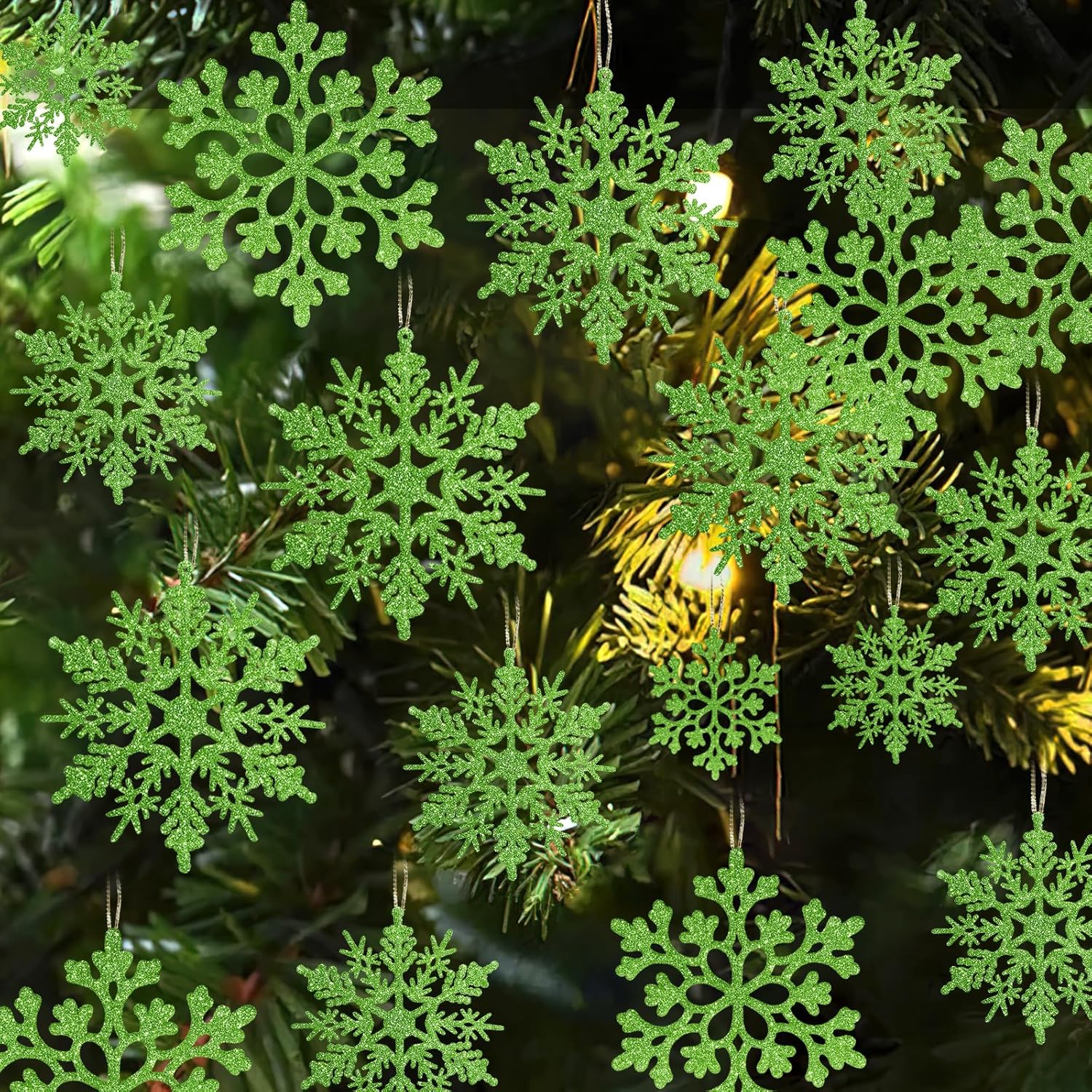 Skiennix 36pcs Christmas Lime Green Snowflake Ornaments - Durable Plastic Hanging Decor for Winter Wonderland & Holiday Home Decor