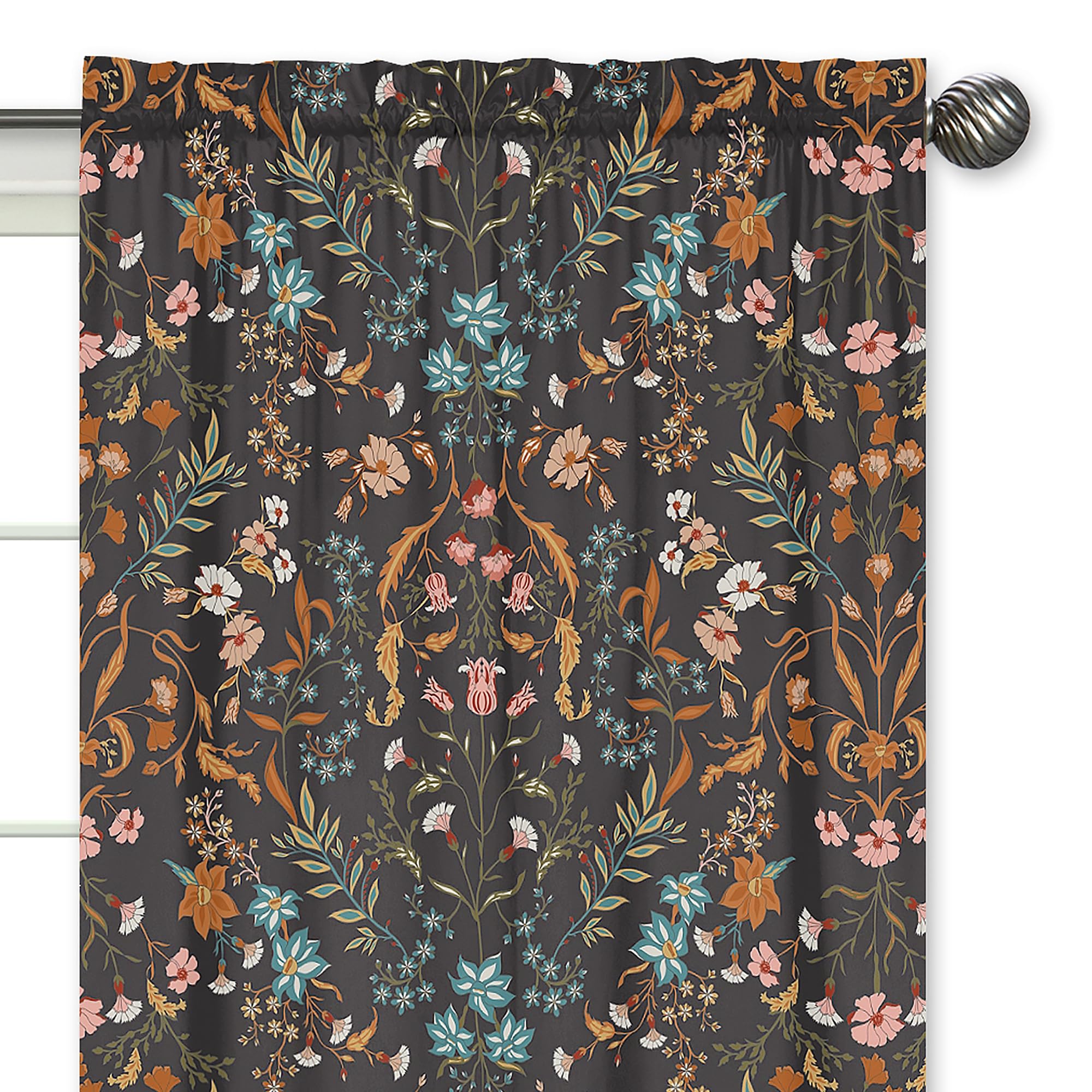 Sweet Jojo Designs Boho Wildflower Vintage Floral Girl Window Curtains Treatments Panels Baby Nursery Kids Bedroom Kitchen Room - Set of 2 - Black Orange Teal Bohemian Farmhouse Botanical Cottagecore