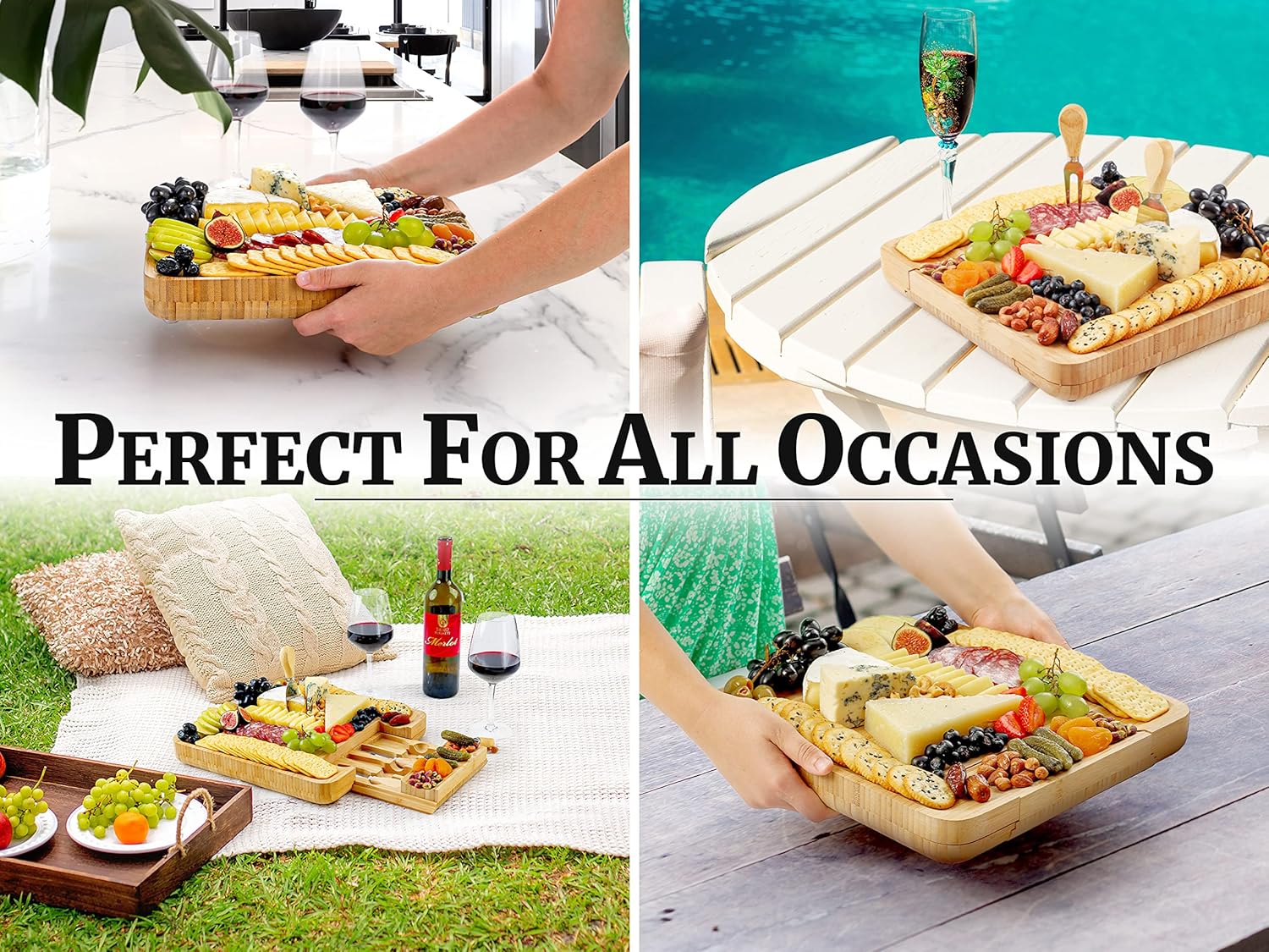 Zulay Kitchen Bamboo Cheese Board Set - Extra Thick Charcuterie Board with 4 Knives | Ideal for Wine & Cheese Gifts