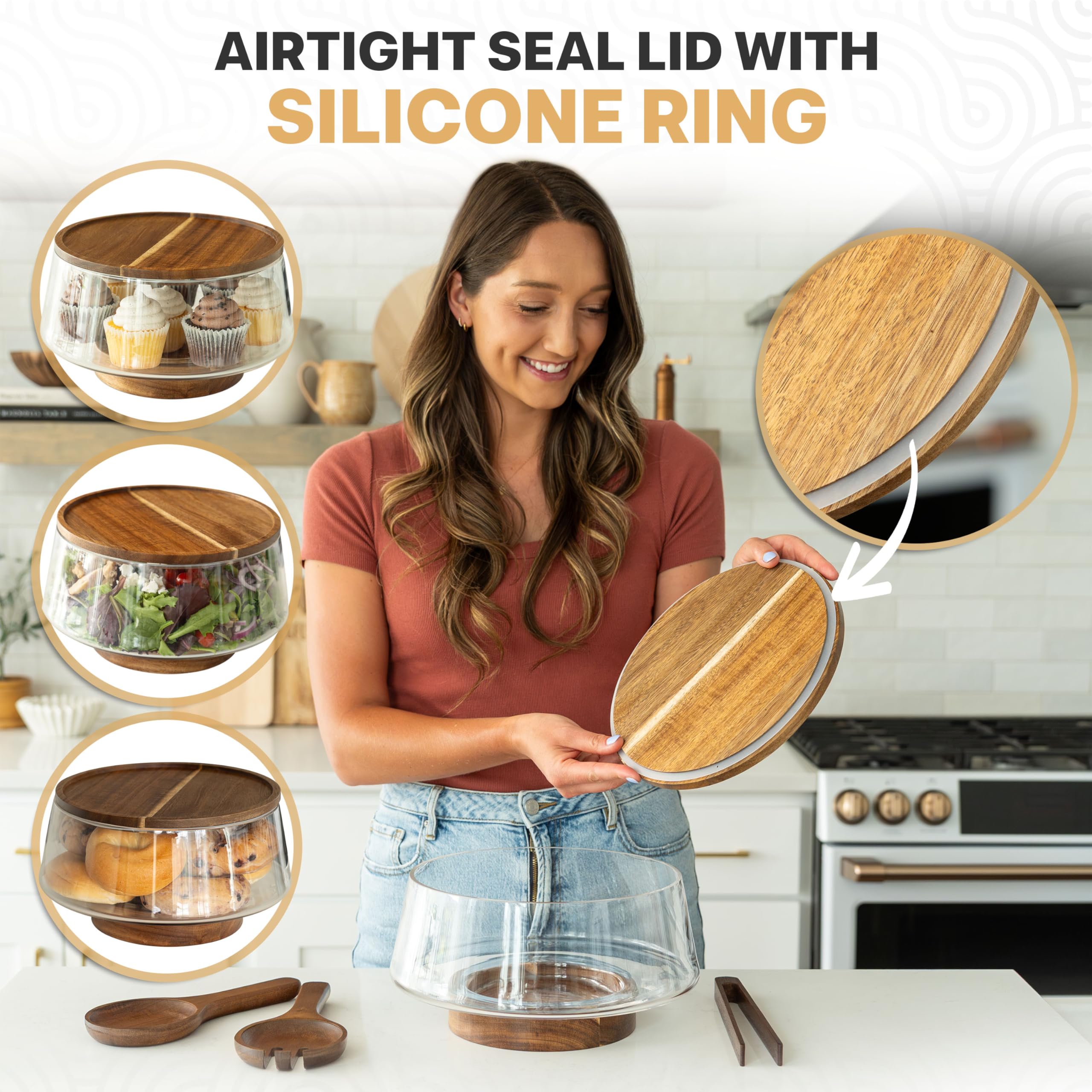 Oria Cook Large Glass Salad Bowl with Lid Set, 5.7 L Decorative Glass Mixing Bowl, Trifle and Serving Bowls with Lids as Cheese Charcuterie Board and Plate, Comes with Wood Serving Utensils