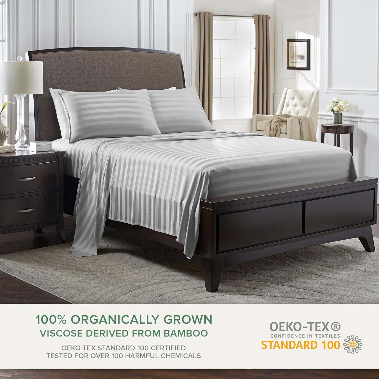 Pure Bamboo Queen Sheets - Luxuriously Soft 100% Organic Viscose Bed Sheet Set | Jacquard Silver, Double Stitching, 2-Year Quality Promise