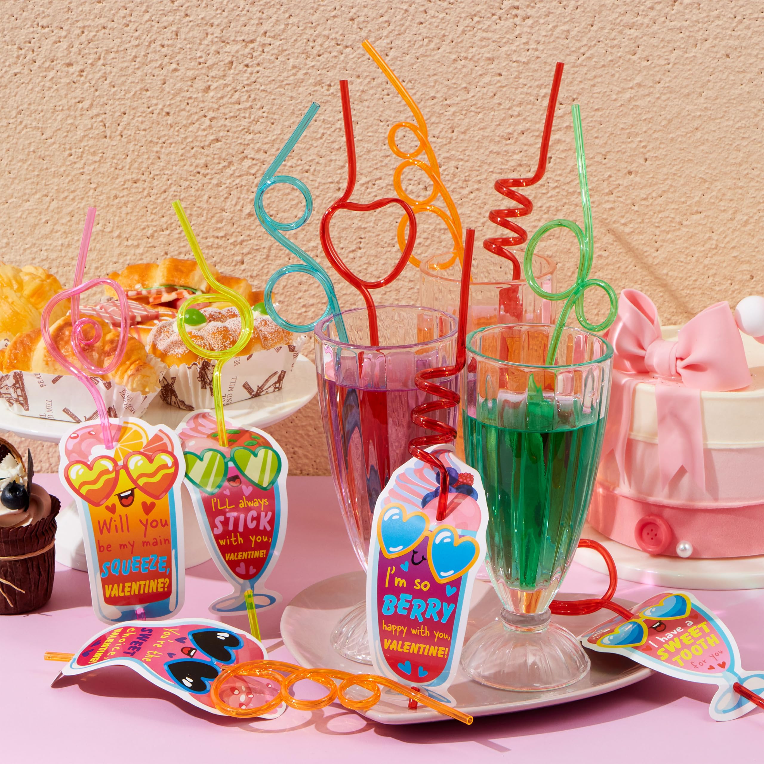 JOYIN 36 Pack Valentines Day Gift Cards with Colorful Loop Reusable Drinking Straws for Kids Valentine Party Favor, Classroom Gift Exchange, School Prizes
